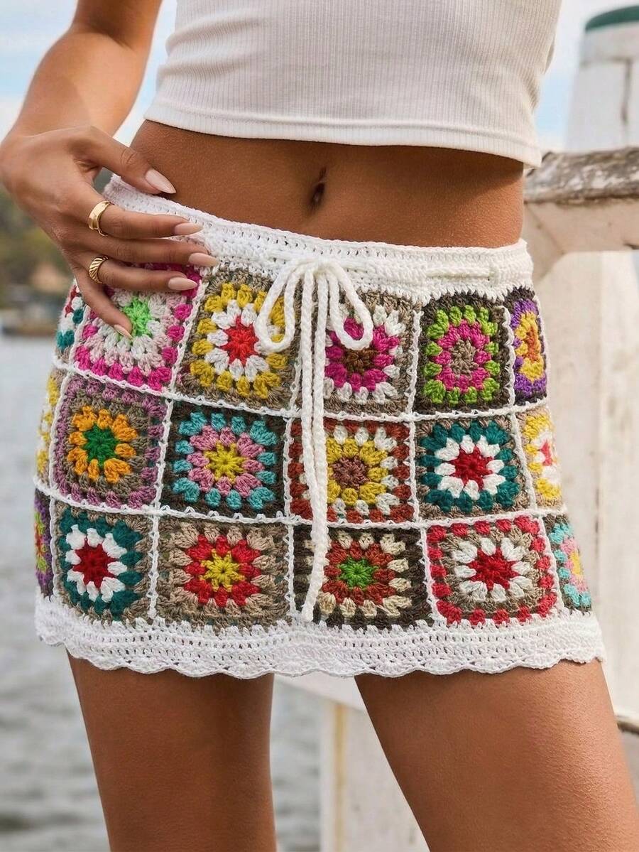 Selianne Chân váy dệt kim eo dây rút họa tiết hoa rỗng, thích hợp cho mùa xuân/hè, phong cách thường ngày đi biển hoặc nghỉ lễ. - Nhiều màu - Xem 1