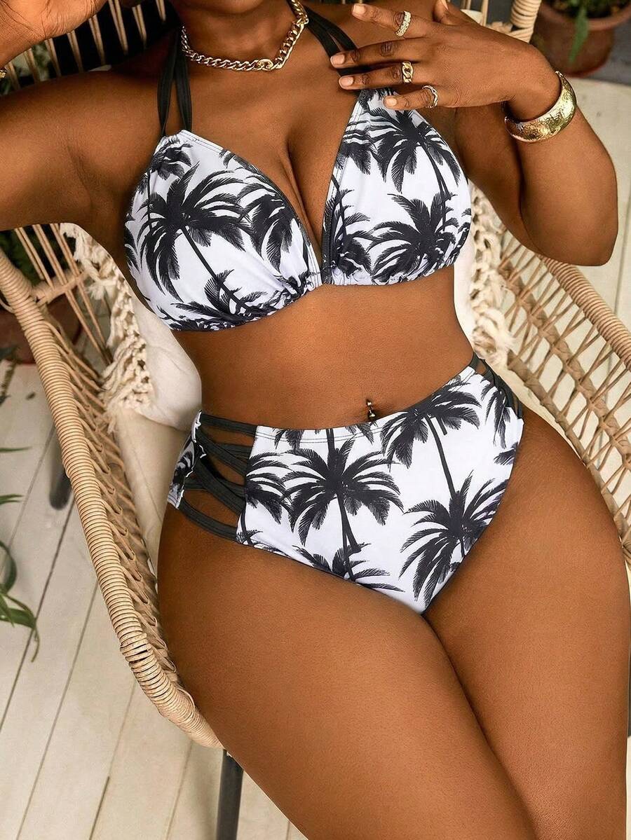 Slaydiva Plus Size Two-Tier Coconut Tree Print Tie-Front Sexy Summer Beach Bikini Set - Black and White - View 1