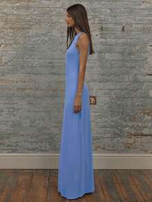 MUSERA Vestido maxi con cuello redondo y mangas caídas, vestidos de verano para mujeres, elegantes, lindos, sexys, para vacaciones, estilo bohemio, para invitadas de boda, playa, vacaciones, otoño, boda, elegante, cumpleaños, iglesia, salida nocturna, otoño, verano - Celeste - Ver 2