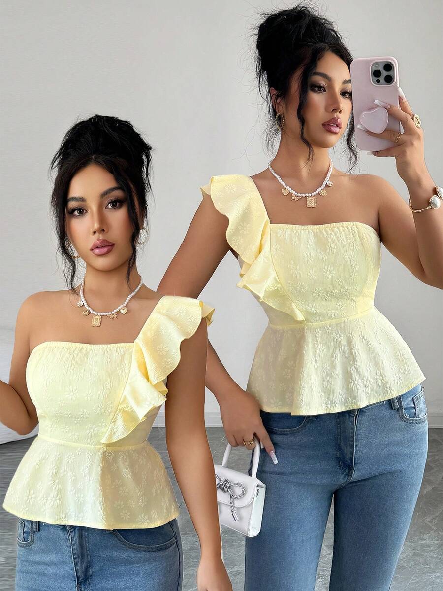 Elenzga Áo kiểu nữ thanh lịch, giản dị, màu trơn, viền bèo nhún, phong cách tối giản, phù hợp cho các buổi hẹn hò, tiệc sinh nhật, đám cưới, các sự kiện tựu trường, trang phục nữ mới. - Màu vàng ngỗng - Xem 1