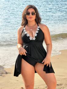 Swim Lushoire Plus Size Women's Cute Applique Decor Halter Tankini Swimsuit Set - Black - View 3