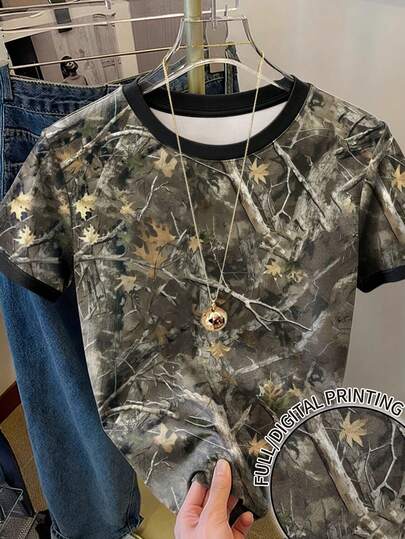 Resyla 女士全幅树叶印花T恤，宽松休闲款，数码印花技术，Y2K风格，春夏款