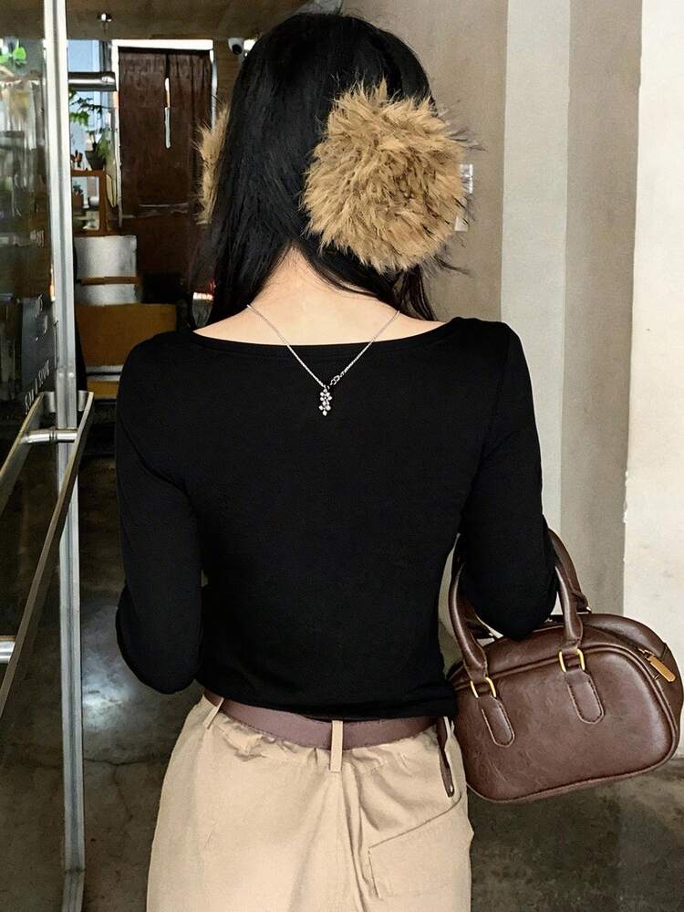 Women's Letter Print Asymmetric Collar Casual Long Sleeve T-Shirt Graphic Tees Women