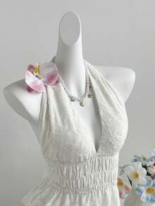 Elamini Women's Halter Neck Tie Knit Textured Top And Mini Frill Trim Skirt 2-Piece Set - Apricot - View 4