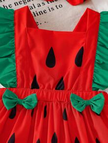 SHEIN Playful Pals Baby Girl Ruffle Collar Bow Decor Dress - Red - View 7