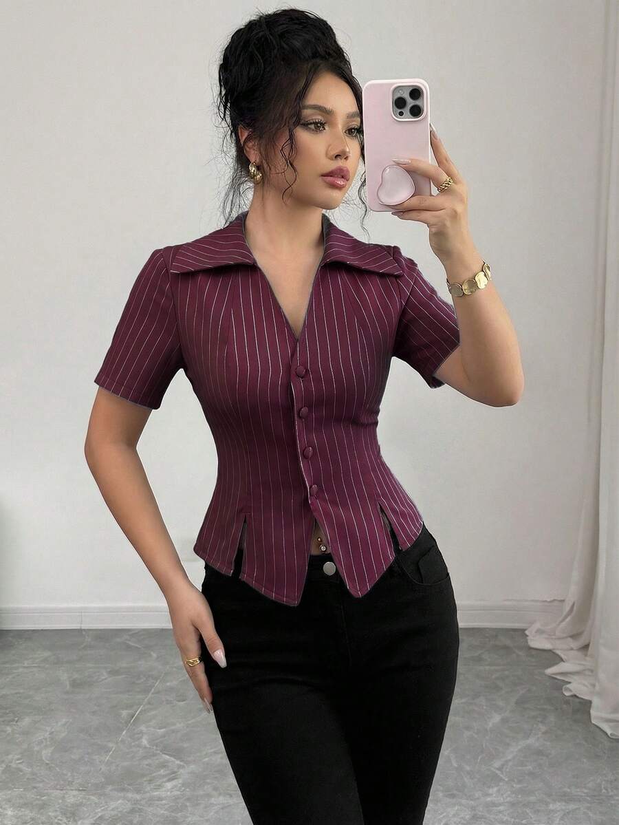Elenzga Áo sơ mi nữ kẻ sọc cổ chữ V cài cúc dáng chữ A tay ngắn, phong cách đường phố Pháp cổ điển thanh lịch, tối giản, đa năng, phù hợp cho các dịp thường ngày, công sở, du lịch, xuân/hè. - Màu Tím - Xem 1