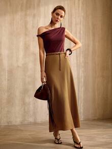 MOTF PREMIUM FASHIONABLE MINIMALIST COTTON ASYMMETRICAL SHOULDER SLEEVELESS T-SHIRT, SPRING/SUMMER - Burgundy - View 8