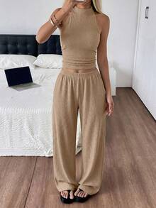 SHEIN EZwear 女士针织纹理吊带上衣和裤子休闲度假套装 - 卡其色 - 查看 5