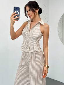 Firerie 女士优雅简约通勤日常条纹高腰上衣，适合约会、通勤等场合。 - 酒紅色 - 查看 4