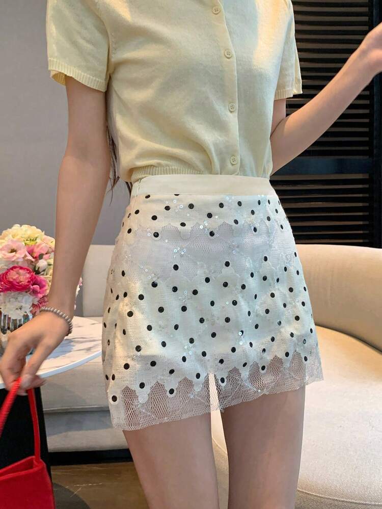 Women's Beige Polka Dot Mesh Patchwork High Waist Jacquard Lace Mini Skirt, Suitable For Petite