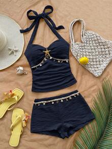 Soleia Bộ đồ 2 mảnh gồm áo hai dây hở lưng và quần short dành cho nữ, trang phục đi nghỉ mát. - Màu xanh hải quân - Xem 4