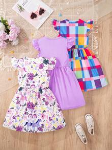 Elladie kids 3件套女童卡通碎花格子图案短袖连衣裙，夏季女童连衣裙，儿童连衣裙，女童春季连衣裙，幼儿连衣裙，儿童连衣裙，夏季套装，优雅派对连衣裙，柔软连衣裙。可爱女童连衣裙，夏季套装。优雅派对连衣裙。柔软连衣裙。 - 彩色 - 查看 2