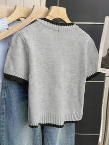 SHEIN Franclia 休闲宽松圆领短袖针织上衣，前系带设计，撞色滚边，卡其色，春夏女装 - 彩色 - 查看 2