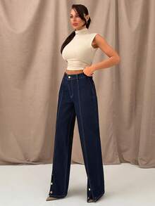 SHEIN High Waist Straight Leg Denim Jeans With Gold Button Hem - Dark Wash - View 3