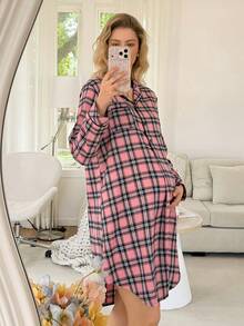 Pregnant Women Plaid Long Sleeve Button Design Nightgown - Multicolor - View 5