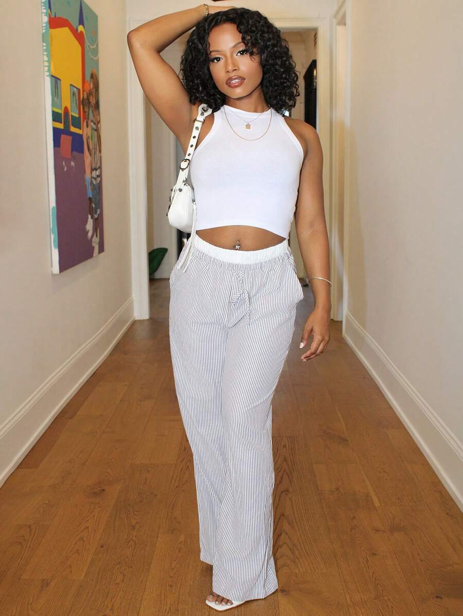 Steph T Quần dài dệt sọc nâu dành cho nữ, Xuân/Hè - Màu Khaki - Xem 1