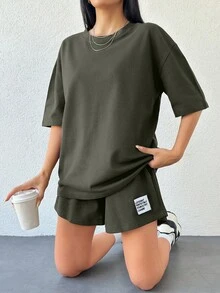 EURMUSE 100%Cotton Women Solid Color T-Shirt & Embroidery Detailed Shorts - Army Green - View 4