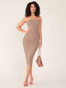 SHEIN BASICS Vestido casual ceñido sin tirantes para cena - Caqui - Ver 3
