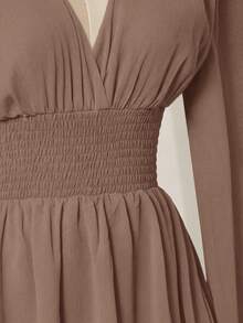 SHEIN ICON Đầm ngắn nữ thanh lịch kiểu dáng nghỉ dưỡng, màu trơn, tay bồng, eo thắt, thích hợp cho mùa xuân/hè. - Màu Khaki - Xem 7
