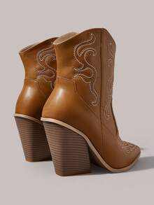 Styleloop Giày bốt nữ cao đến giữa bắp chân, kiểu dáng miền Tây, gót chunky vân gỗ, phong cách boho cho kỳ nghỉ, trang phục dự lễ hội âm nhạc và tiệc tùng, phong cách retro Mỹ. - Màu Mù tạt vàng - Xem 4