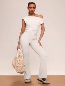 SHEIN BAE Quần legging thể thao nữ màu trơn, cạp cao, kiểu dáng thường ngày. - Màu be - Xem 3