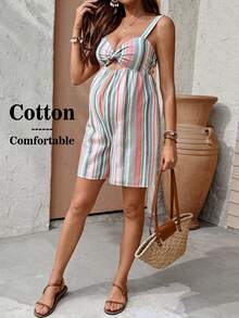 SHEIN Bộ áo liền quần kẻ sọc dáng rộng thoải mái cho kỳ nghỉ bà bầu - Nhiều màu - Xem 1
