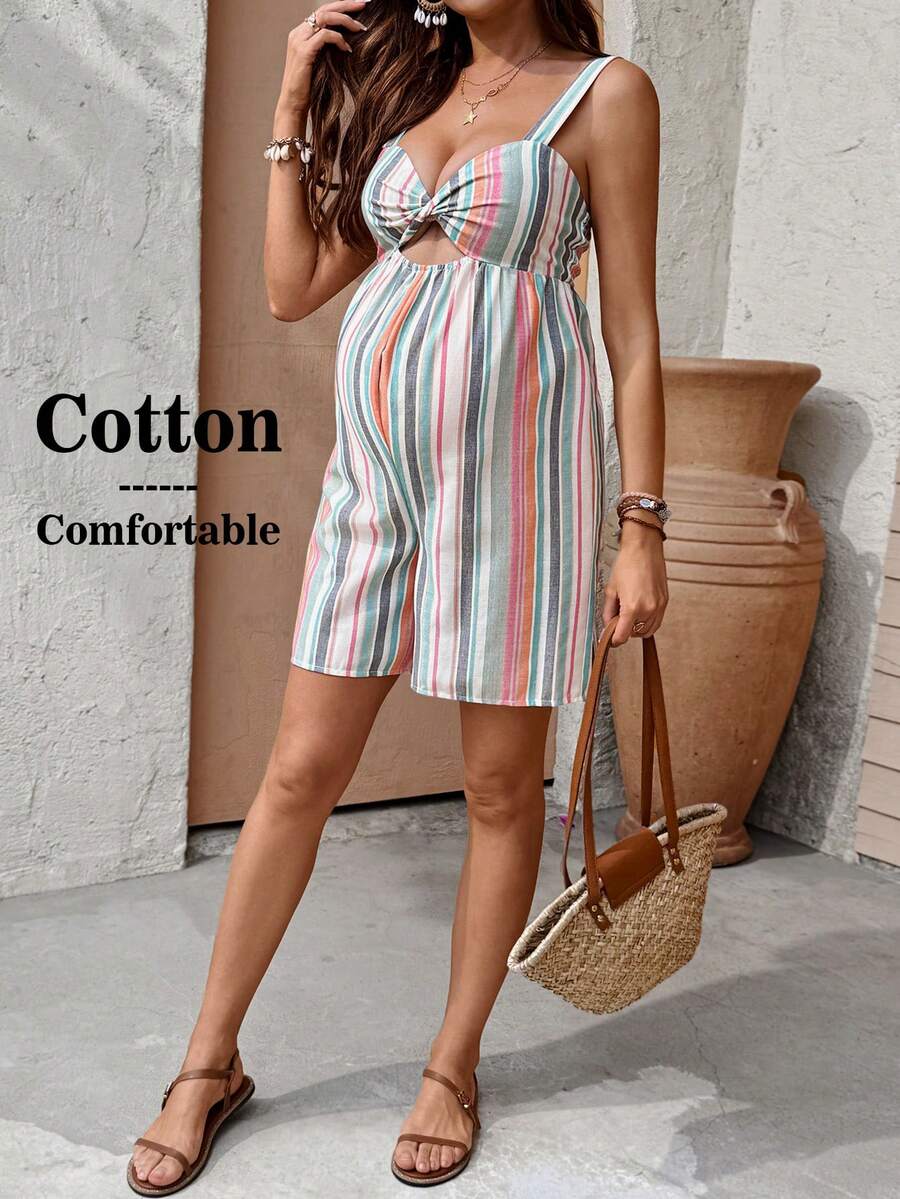 SHEIN Bộ áo liền quần kẻ sọc dáng rộng thoải mái cho kỳ nghỉ bà bầu - Nhiều màu - Xem 1