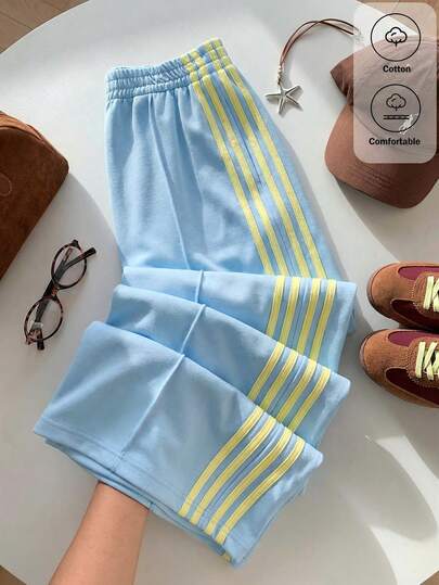 Comfortcana Women's Casual Colorblock Striped Wide Leg Sweatpants, Suitable For Spring, Summer, Autumn, Blue Wide Leg Pants