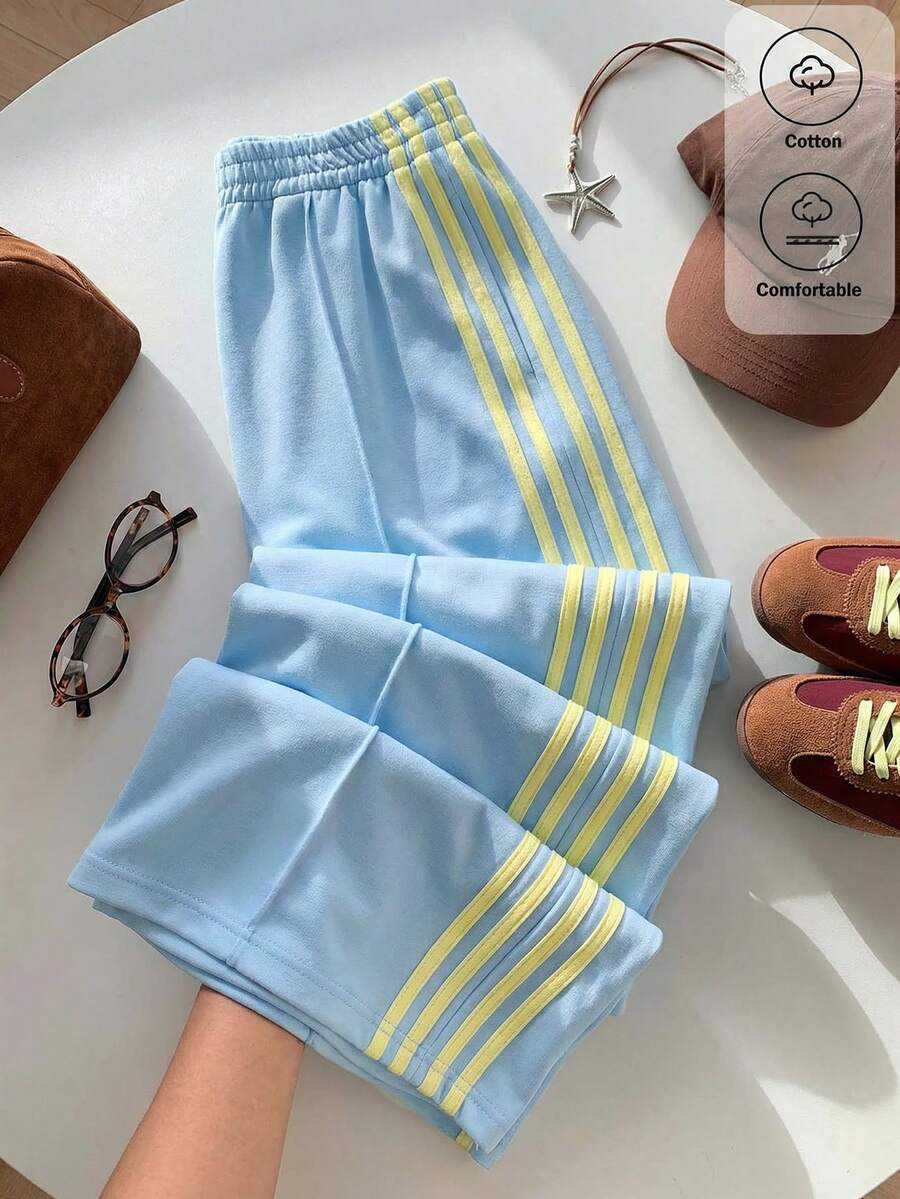 Comfortcana Women's Casual Colorblock Striped Wide Leg Sweatpants, Suitable For Spring, Summer, Autumn, Blue Wide Leg Pants - Blue - View 1