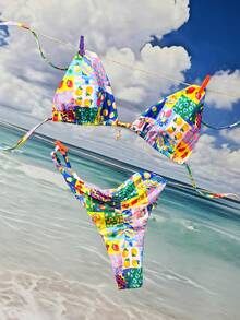 Swim Mod 2pcs/Set Women Summer Beach Vacation Swimsuit, Cute Random Print Triangle Top With Tie And Bikini Bottom Swimwear Set - Multicolor - View 5