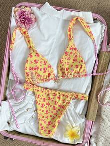 Swim Mod Bikini de dos piezas con estampado floral rosa y amarillo, copas triangulares y tirantes gruesos, para vacaciones en la playa - Multicolor - Ver 2