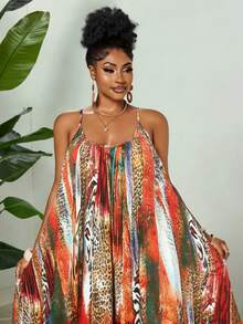 Maweii 2025新款大码女式优雅日常时尚撞色印花梭织面料时尚休闲度假吊带裙 - 彩色 - 查看 6