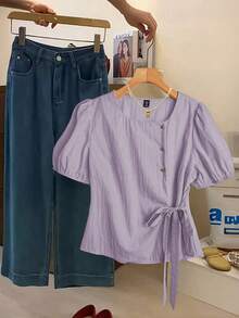 SHEIN LUNE 大尺碼女款優雅紫色夏季襯衫，辦公室純色梭織上衣，3顆鈕扣，泡泡袖，繫腰，短袖休閒，適合春夏 - 紫色 - 查看 1