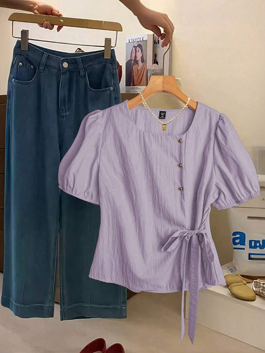 SHEIN LUNE 大尺碼女款優雅紫色夏季襯衫,辦公室純色梭織上衣,3顆鈕扣,泡泡袖,繫腰,短袖休閒,適合春夏 - 紫色 - 查看 1