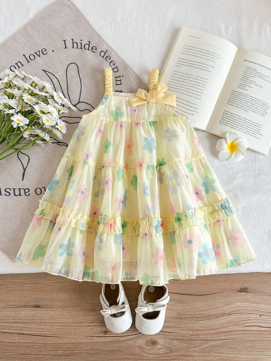 SHEIN Baby Girl Cute Bow Strap Dress, Summer - Multicolor - View 1