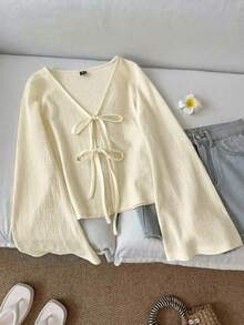 SHEIN CURVE+ 大码女式休闲系带喇叭袖上衣 - 杏色 - 查看 3