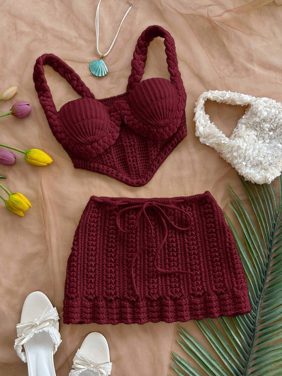 Soleia Bộ đồ hai mảnh gồm áo hai dây croptop móc len gợi cảm và chân váy cạp thấp, thích hợp cho lễ hội âm nhạc, phong cách bohemian, kỳ nghỉ, hẹn hò, tiệc trà chiều. - Màu Đỏ Sâu - Xem 1