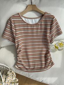 SHEIN EZwear 复古针织条纹提花休闲度假加大码短袖T恤，春夏款 - 彩色 - 查看 5
