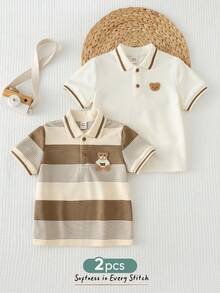 Cozy Pixies 2件套男童卡通熊图案针织软领短袖套头衫套装 - 杏色 - 查看 6