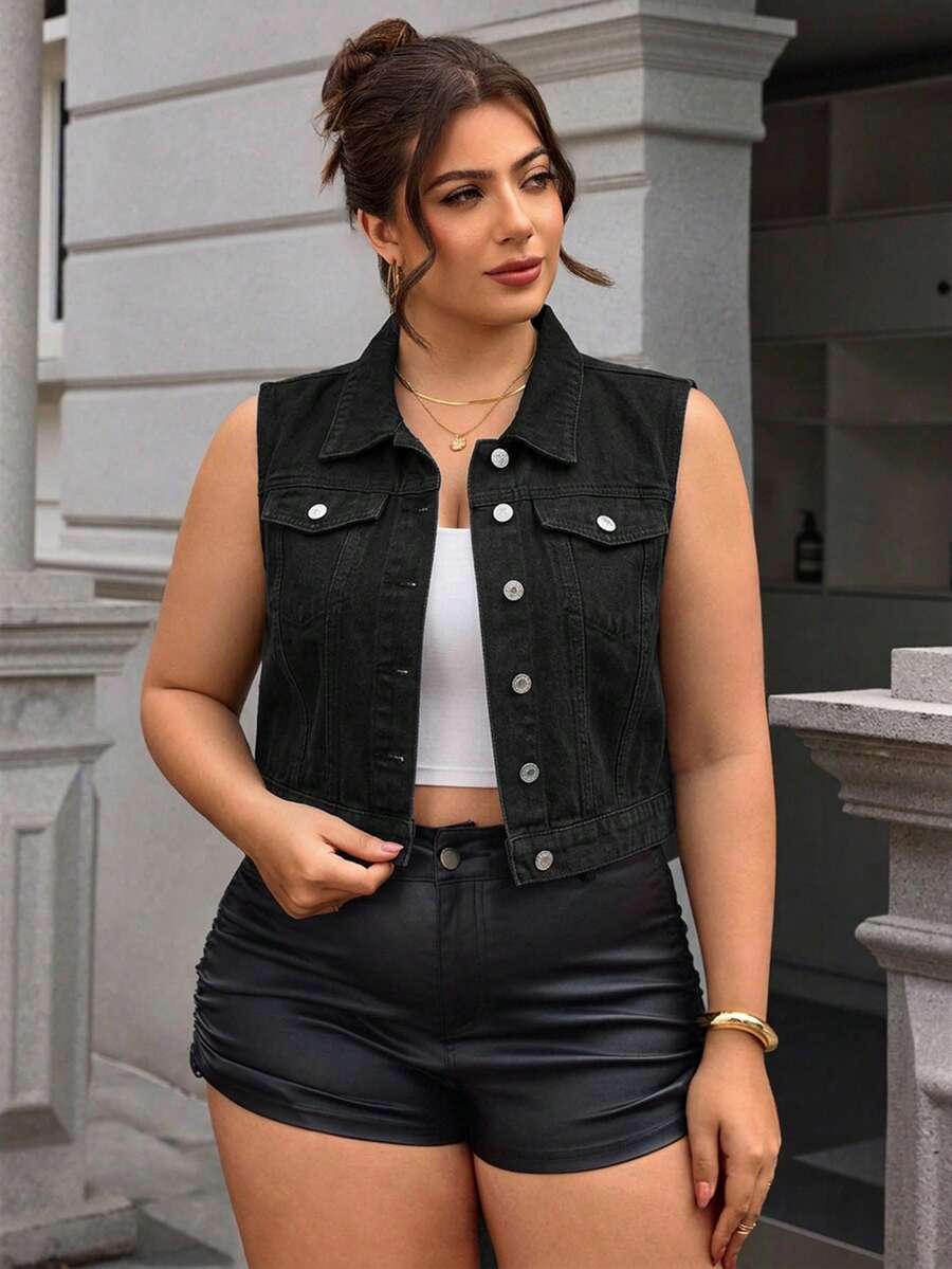 SHEIN Essnce Plus Size Sleeveless Denim Jacket, Casual Summer - Black - View 1