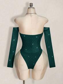 SHEIN ICON Women's Rhinestone Decor Long Sleeve Bodysuit - Dark Green - View 2