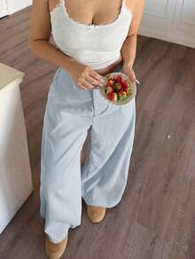SHEIN PETITE CURVE Solid Color Casual Loose Comfortable Pants - Blue - View 5