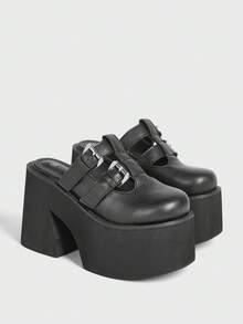 Sugerpunk Women's Black Double Buckle Platform Wedge Slide Sandals 2000s Style - Black - View 3