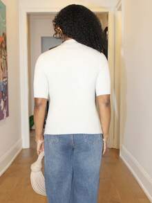 Steph T 女士高领修身七分袖毛衣 Y2K 秋季 - 米色 - 查看 2