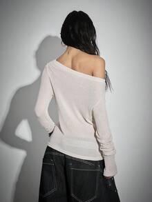 女士时尚米色针织水钻装饰不对称肩部上衣 - 灰色 - 查看 2