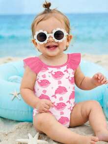 SHEIN Baby Girls' Casual Slim-Fit Aquatic Creature Print One-Piece Swimsuit, Suitable For Summer - Multicolor - View 4