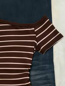 Glimmora 女士休闲条纹不对称领T恤，夏季 - 彩色 - 查看 4