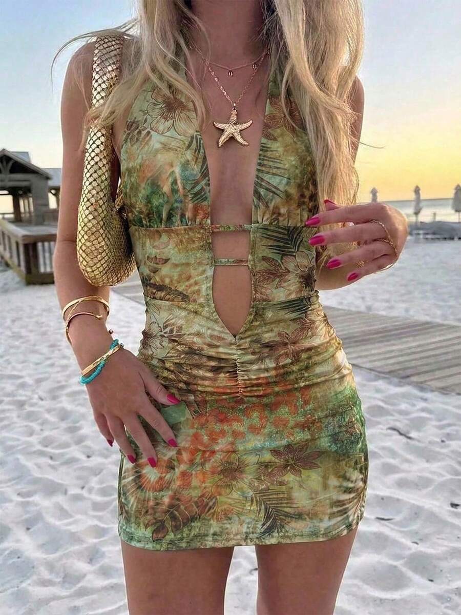 Aloruh Young Lady's Deep V-Neck 3D Floral Multicolor Mini Mesh Backless Summer Holiday Dress - Multicolor - View 1
