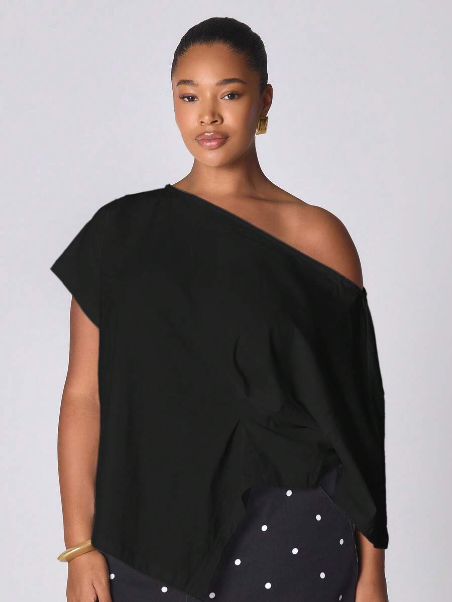 MUSERA 单肩侧缝收腰T恤，新年可爱性感外出晚宴派对点缀夏季 - 黑色 - 查看 1