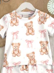 SHEIN LMoss Kids 女婴蝴蝶结和熊图案休闲修身圆领舒适短袖短裤睡衣套装，舒适贴身 - 彩色 - 查看 3